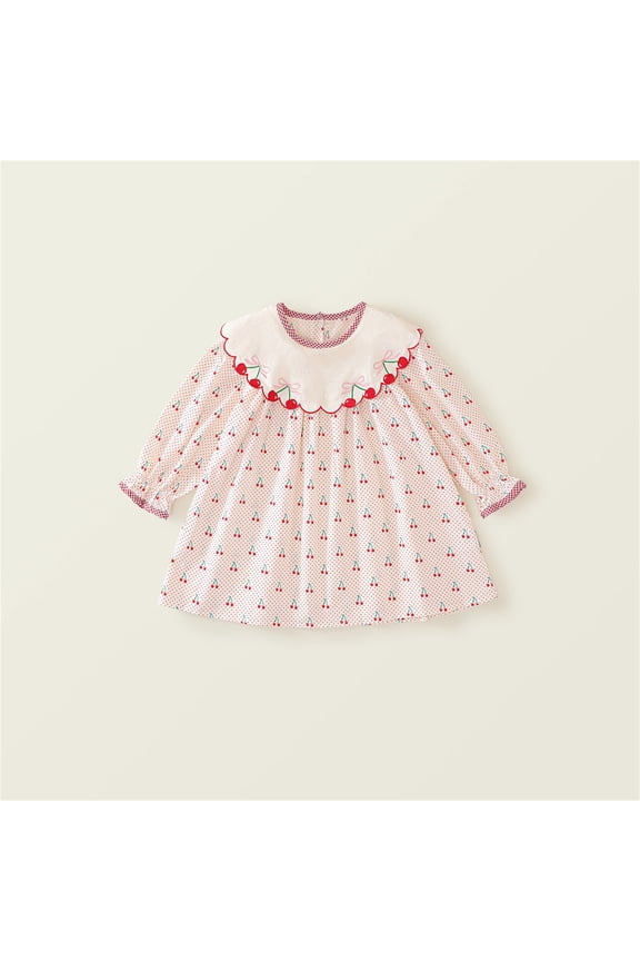 Toddler Girls Smock Play Dress Mid Length Long Sleeve Collared Gingham Check Pattern Strawberry Embroidery Motif Casual Daily Play Wear