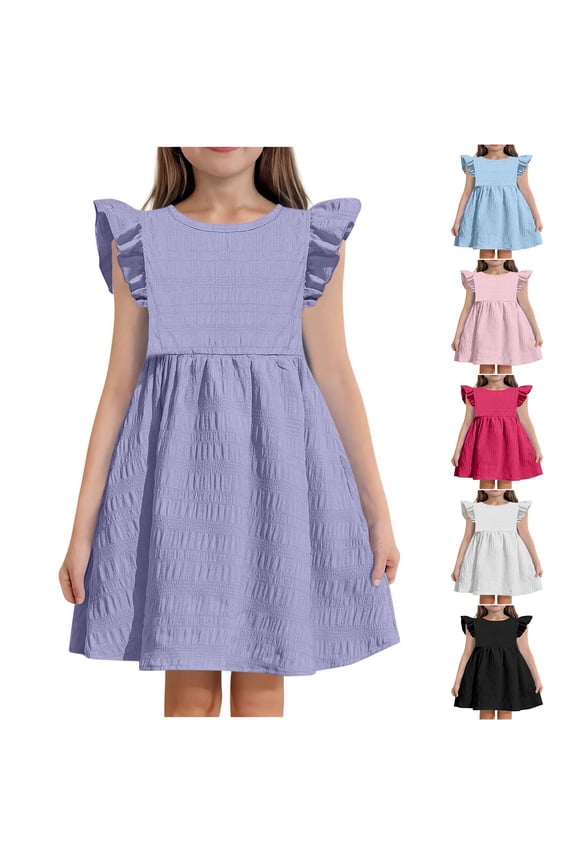 Toddler Girls Smock Play Dress Mid Length Sleeveless Crewneck Solid Texture Waffle Seersucker Pattern Ruffle Trims Daily Wear
