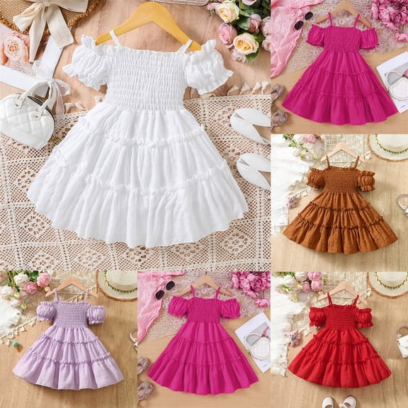 Trendfront Toddler Girls Smocked Dress Mini Short Sleeve Square Neck Little Kids Cold Shoulder Tiered Ruffle Skirt Summer Outfits