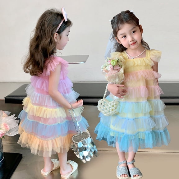 Trendfront Toddler Girls Tiered Gown Mini Sleeveless Square Neck Little Kids Multi Color Ruffle Mesh Tutu Skirt Performance Party Wear