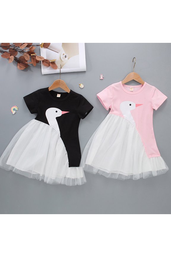 Toddler Girls Twofer Cupcake Dress Mid Length Short Sleeve Crewneck Swan Animal Pattern Mesh Ruffle Hem Birthday Party