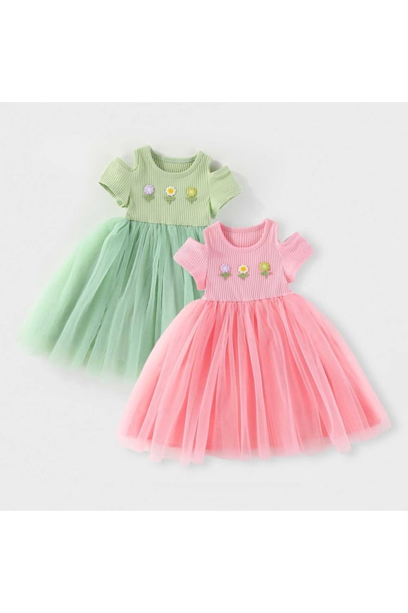 Toddler Girls Twofer Play Dress Mid Length Short Sleeve Asymmetric Neck Floral Embroidery Motif Mesh Casual Outfits