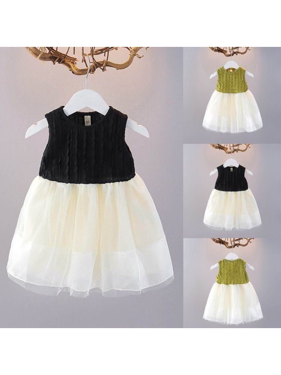Toddler Girls Twofer Skater Dress Mid-Length Sleeveless Crewneck Pleated Tiered Daily Wear Party Dress