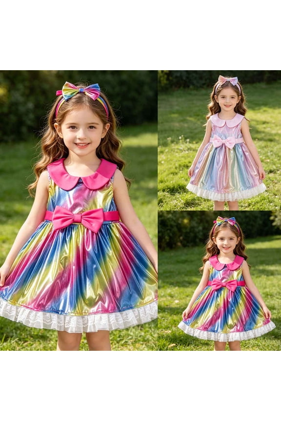Toddler Girls Twofer Skater Dress Mini Sleeveless Collared Pleated Ruffle Bow Decor Birthday Party for Girls