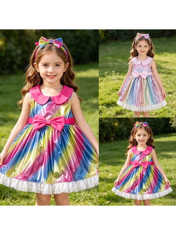 Toddler Girls Twofer Skater Dress Mini Sleeveless Collared Pleated Ruffle Bow Decor Birthday Party for Girls