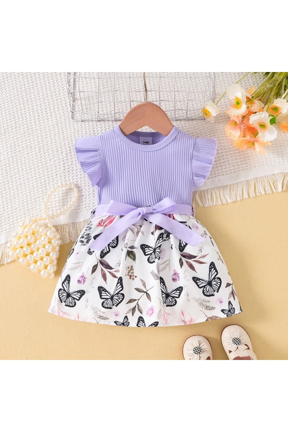 Toddler Girls Twofer Skater Play Dress Mini Short Sleeve Crewneck Ruffle Trim Ribbon Bowknot Accent Butterfly Floral Print