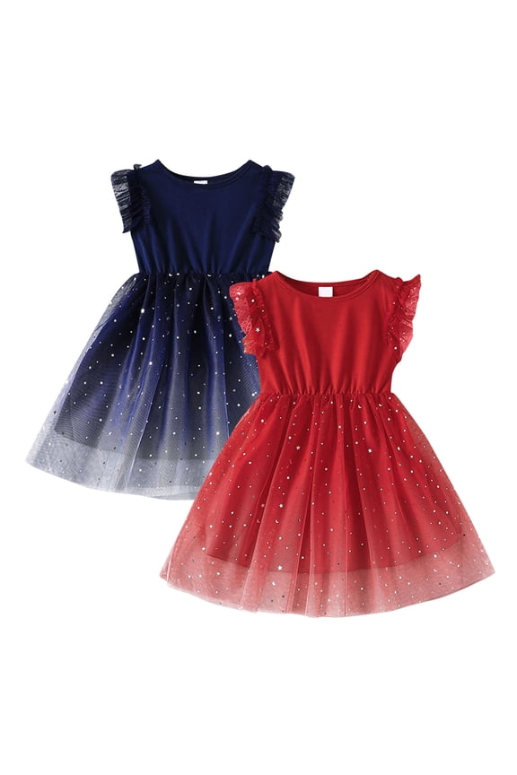Toddler Girls Twofer Tutu Dress Mid Length Short Sleeve Crewneck Star Pattern Sequin Mesh Ruffle Birthday Party