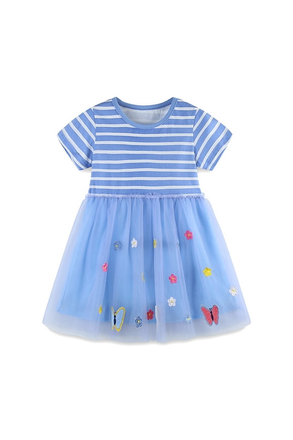Toddler Girls Twofer Tutu Dress Mid Length Short Sleeve Crewneck Stripe Butterfly Floral Embroidery Mesh Skirt Casual Outfits