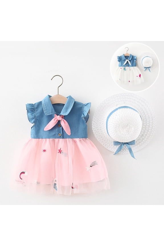 Toddler Girls Twofer Tutu Dress Mini Short Sleeve Collared Dinosaur Star Embroidery Motif Mesh Bow Decor Hat Set Holiday Outfits