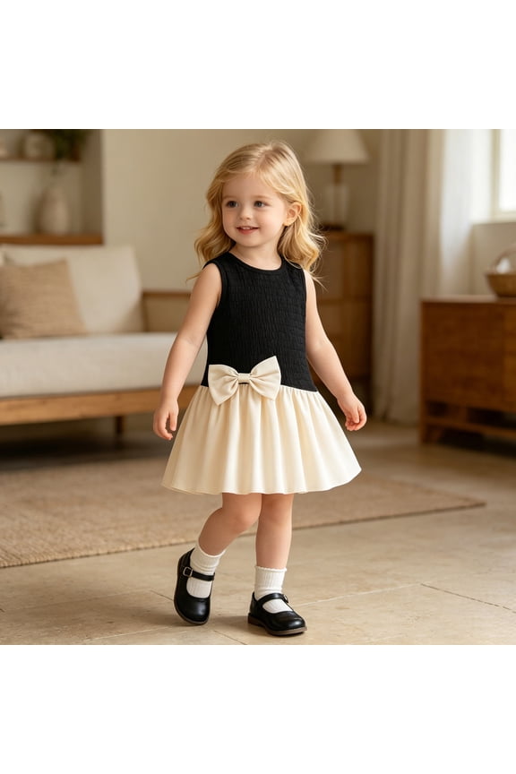 Toddler Girls Twofer Tutu Dress Mini Sleeveless Crew Neck Bow Decor Mesh Layered Fluffy Skirt Casual Outfits Dresses