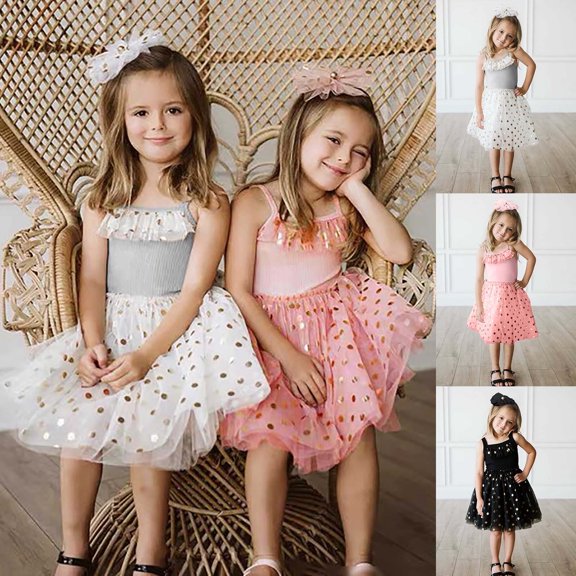 Trendfront Toddler Girls Twofer Tutu Dress Mini Sleeveless Scoop Neck Dot Pattern Sequin Mesh Ruffle Headband Set Birthday Party Outfits