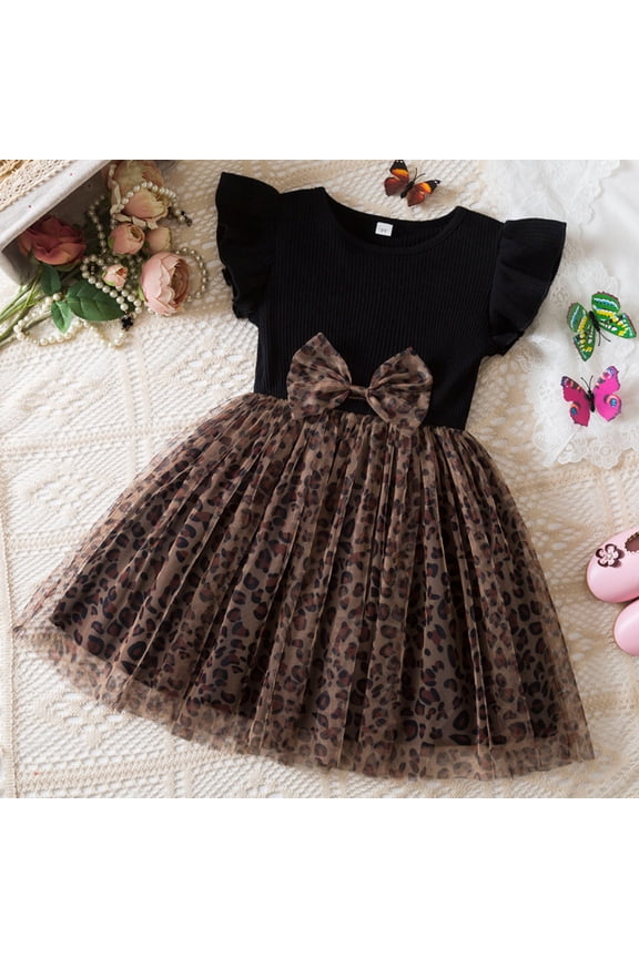 Toddler Girls Twofer Tutu Dress Mini Sleeveless Scoop Neck Leopard Print Mesh Bow Decor Ruffle Sleeve Casual Party Outfits