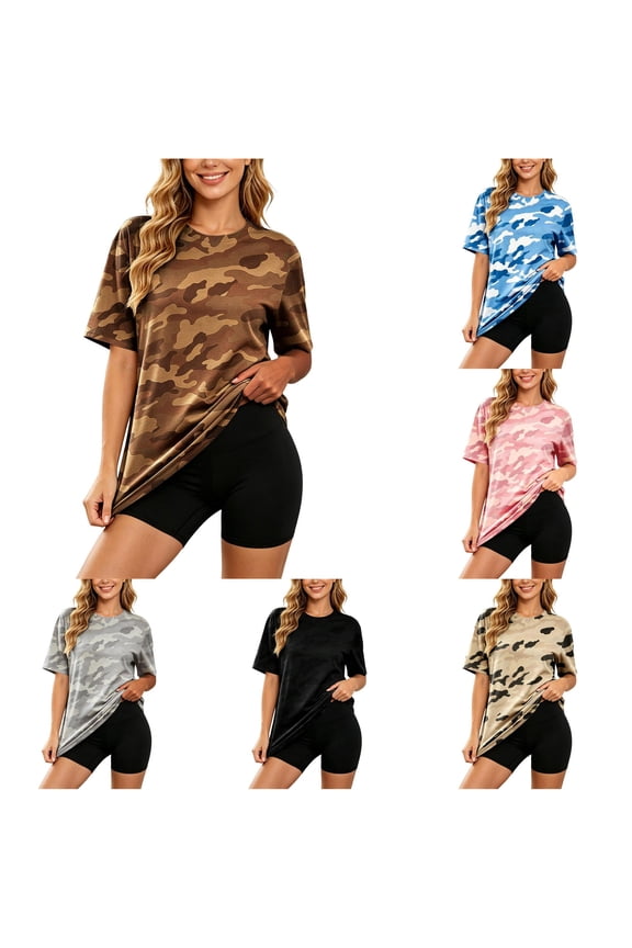 Women Camouflage Print Graphic Tee Fashion Oversized Loose Fit Casual Top Classic Outdoor Sports Athletic Activewear Shirt
