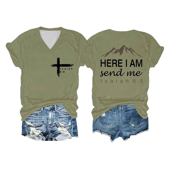 Trendfront Women Christian T Shirts Short Sleeve V Neck Bible Verse Graphic Tee Mountain Faith Top Clothing