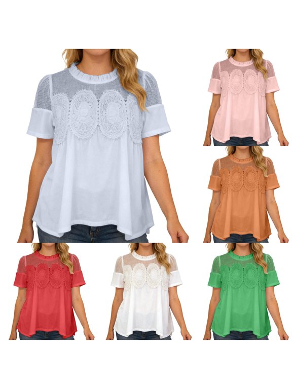 Women Crochet Lace Blouses Short Sleeve Neck Sheer Mesh Patchwork Top Ruffle Flowy Shirt Dressy Party Clothing