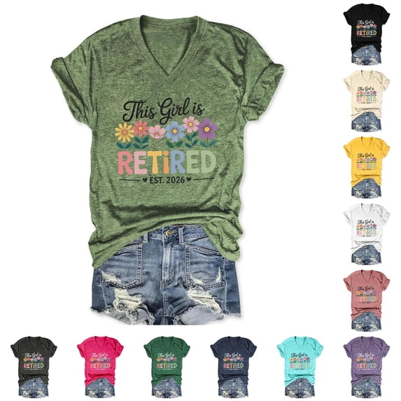 Trendfront Women Retirement T Shirts Short Sleeve V Neck Est 2026 Graphic Tee This Girl Is Retired Funny Quote Printed Top Gifts for Grandma