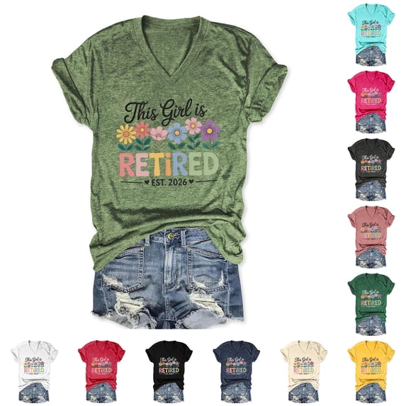 Trendfront Women Retirement T Shirts V Neck Short Sleeve Est 2026 Graphic Tee This Girl Is Retired Funny Quote Print Gifts for Grandma Top