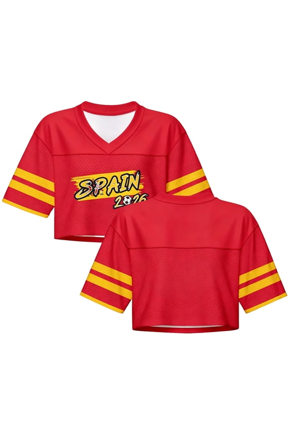 Women Spain 2026 Soccer Letter Print Tee Casual Loose Fit V Neck Short Sleeve Crop Jersey Top Classic Football Fan Team Colors Sport T Shirt