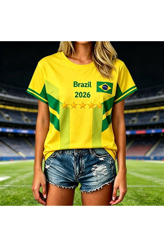 Women's Brazil 2026 Letter Print Top Linear Graphic Short Sleeve Crew Neck Oversized Soccer Fan Active Workout Team Sporty Shirt