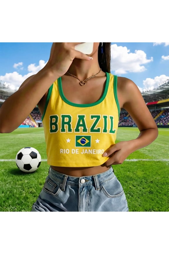 Women's Brazil Letter Print Tank Top Crop Sleeveless Scoop Neck Ringer Slim Y2k Knit Rio City Flag Graphic Tank Shirt Cami Gym Workout Clothes