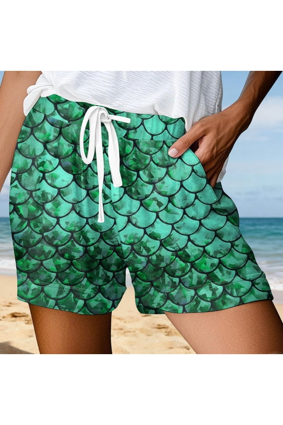 Women's Fish Scale Graphic Printed Swim Shorts High Waisted Tie Waist Beach Vacation Swimwear Bottoms
