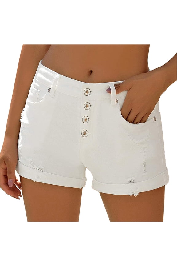 Women's High Waisted Distressed Denim Style Hotpants Multi Button Rolled Hem Slim Fit Casual Summer Bottoms