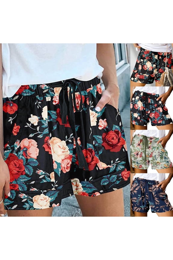 Women's High Waisted Graphic Print Straight Leg Shorts with Pockets Casual Summer Everyday Bottoms