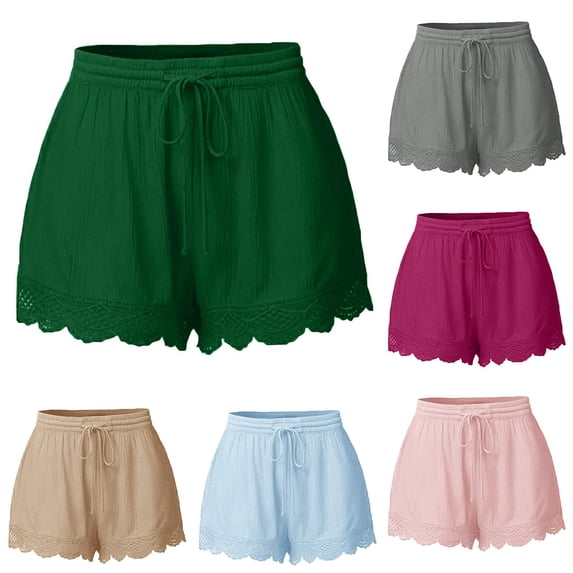 Trendfront Women's High Waisted Lace Trim Drawstring Shorts Casual Summer Fashion Everyday Wear Lounge Bottoms