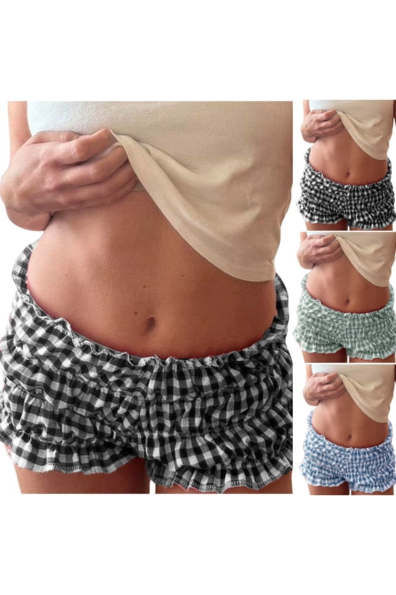 Women's High Waisted Plaid Graphic Print Hotpants Elastic Waist Ruched Ruffle Hem Fashion Summer Bottoms