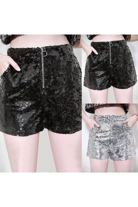 Women's High Waisted Sequin Shorts Zip Fly Loose Fit Casual Fashion Night Out Clubwear Bottoms