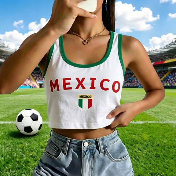 Trendfront Women's Mexico Letter Print Tank Top Crop Sleeveless Scoop Neck Ringer Slim Y2k Ribbed Graphic Shield Flag Cami Baby Tee Gym Workout Shirt