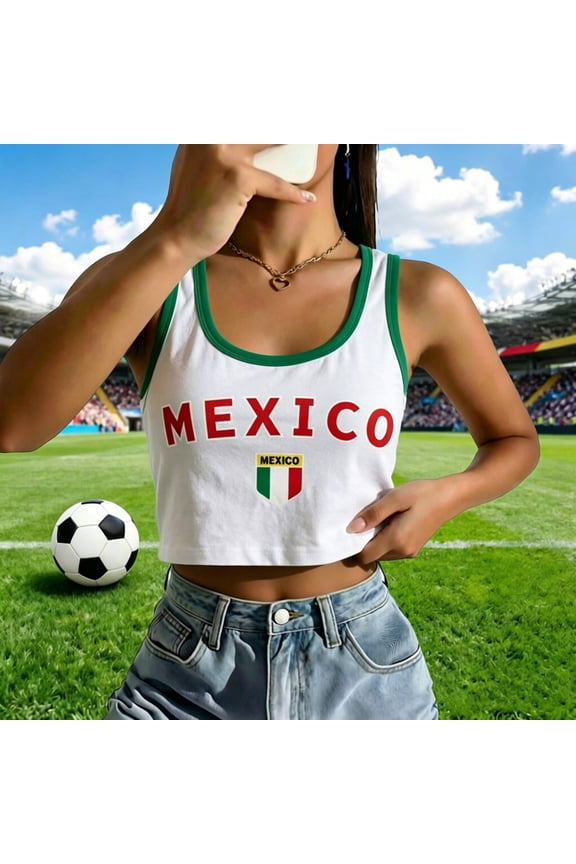 Women's Mexico Letter Print Tank Top Crop Sleeveless Scoop Neck Ringer Slim Y2k Ribbed Graphic Shield Flag Cami Baby Tee Gym Workout Shirt