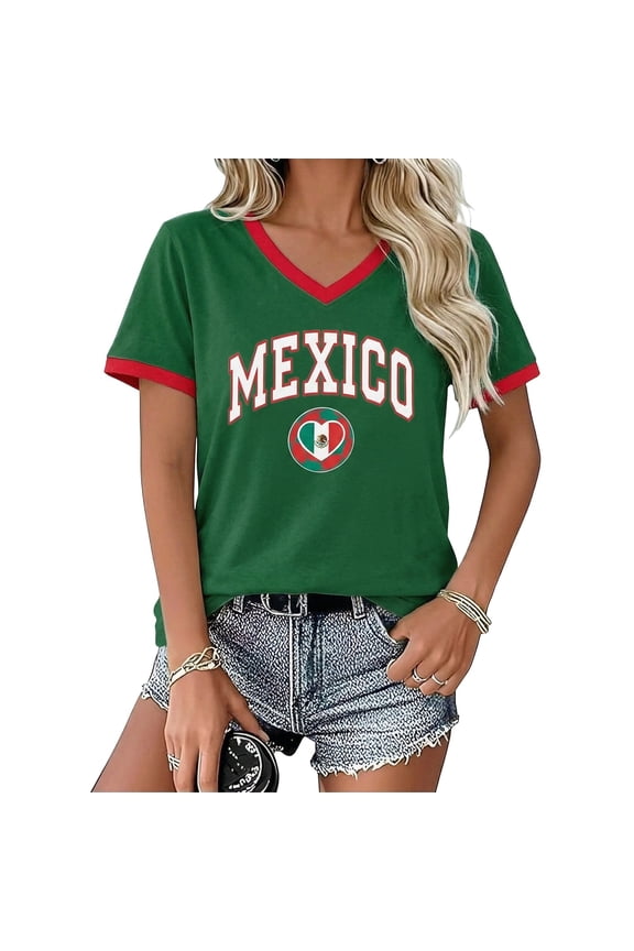 Women's Mexico Letter Print Top V Neck Short Sleeve Distressed Heart Graphic T Shirt Retro Athleisure Summer Trendy Tee