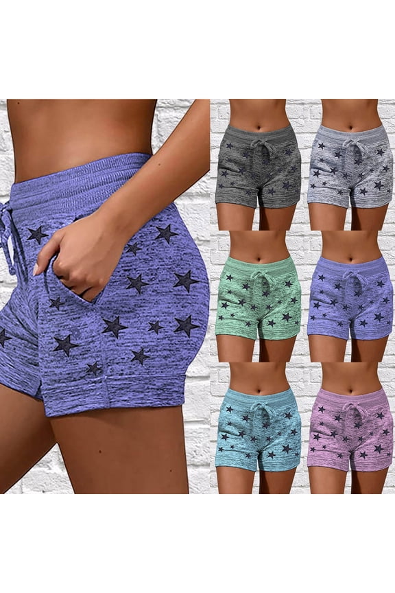 Women's Mid Rise Star Graphic Print Yoga Shorts Elastic Drawstring Slim Fit Workout Activewear Bottoms