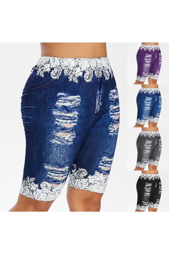 Women's Plus Size High Waisted Graphic Print Lace Patchwork Denim Style Shorts Slim Fit Fashion Bottoms