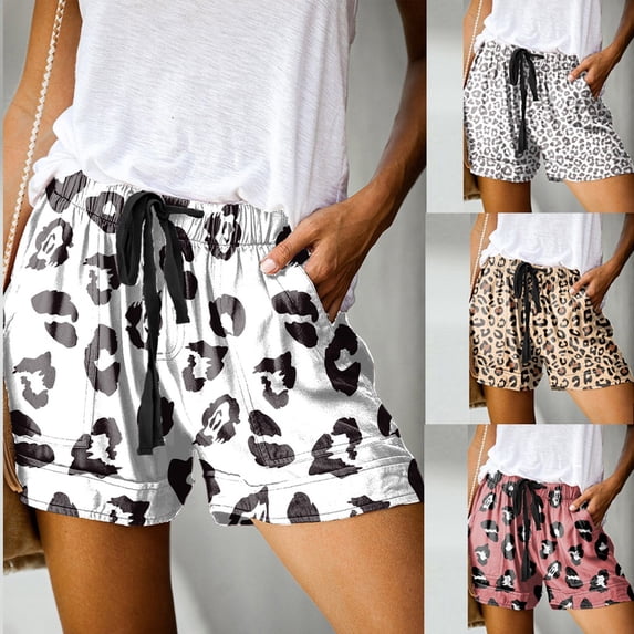 Trendfront Women's Plus Size Leopard Graphic Print Casual Shorts Elastic Tie Waist with Pockets Summer Bottoms