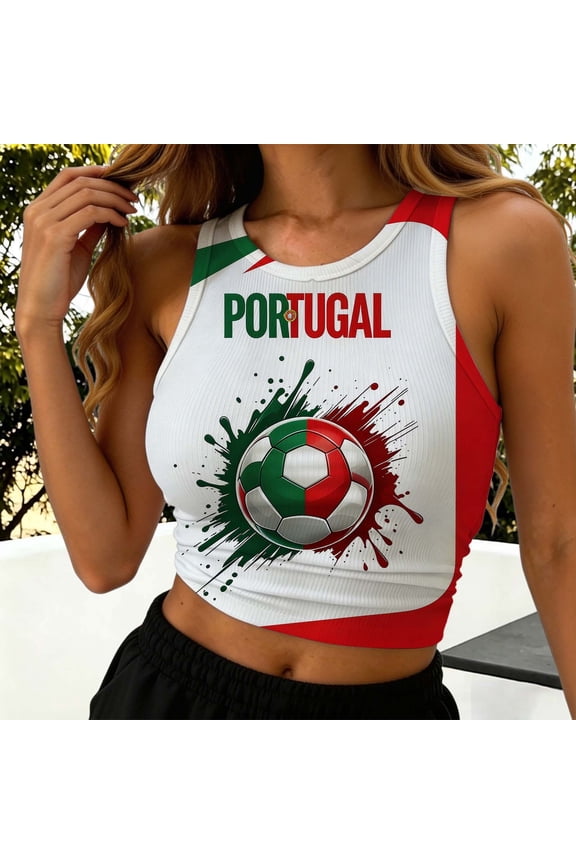 Women's Portugal Soccer Tank Top Crewneck Rib-Knit Camisole Graphic Print Sleeveless Shirt Patriotic Team Colors Fan Gear