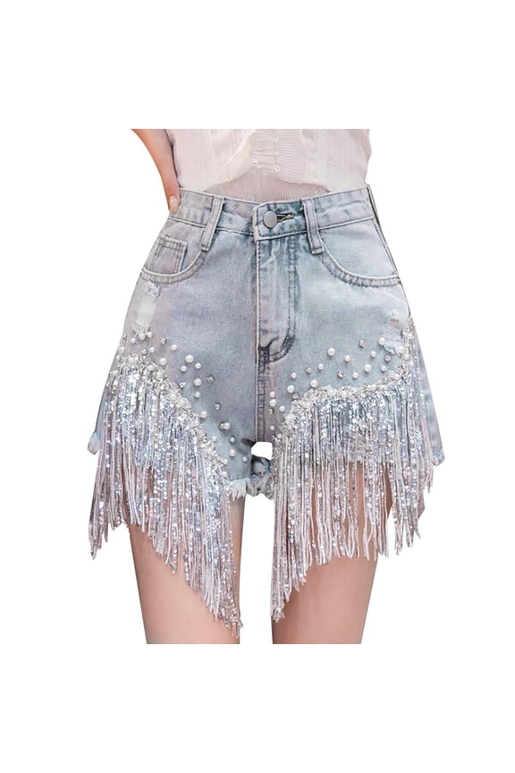 Women's Rhinestone Fringe Denim Style Hotpants High Waisted A-Line Wide Leg Fashion Club Party Bottoms