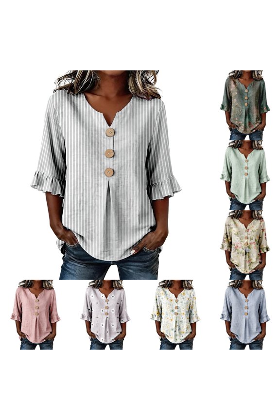 Women's Solid Color Button Down Top V-Neck Ruffle Elbow Sleeve Casual Fashion T-Shirt Summer Vacation Beach Cover-Up Activewear Everyday Tee
