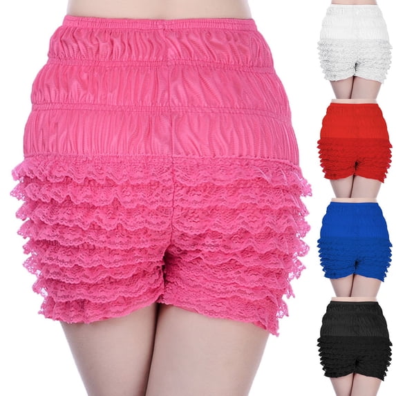Trendfront Women's Solid Color Ruched Lace Layered Bloomers Shorts Cute Casual Lounge Sleepwear Everyday Bottoms