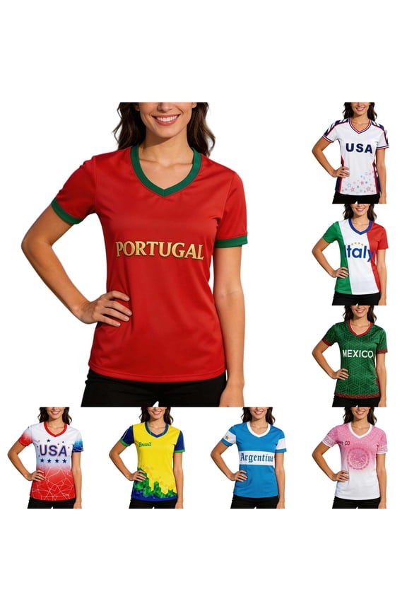 Women's USA Soccer T-Shirt V-Neck Short Sleeve Stripe Jersey Top Patriotic US Flag Stars Graphic Tee Casual Game Day Fan Gear Apparel