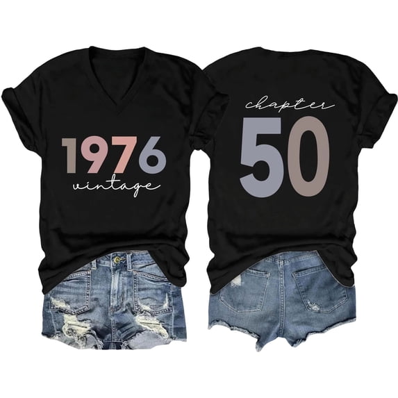 Trendfront Womens 1976 Vintage Birthday Graphic T Shirt V Neck Short Sleeve Chapter 50 Year Print Casual Retro Tee Top