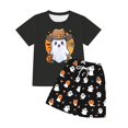 thumbnail image 1 of Trendfront Womens 2 Piece Halloween Pajama Set Cowboy Ghost Graphic Crewneck Short Sleeve Tee Elastic Waist Ghost and Pumpkin Print Shorts Home Sleepwear Loungewear, 1 of 3