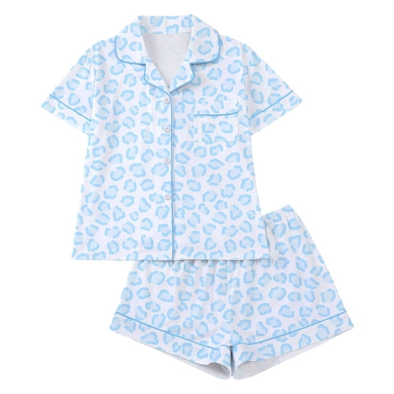 Trendfront Womens 2 Piece Leopard Cheetah Print Pajama Set Notch Collar Short Sleeve Button Front Top Elastic Waist Shorts Chest Pocket Relaxed Sleepwear