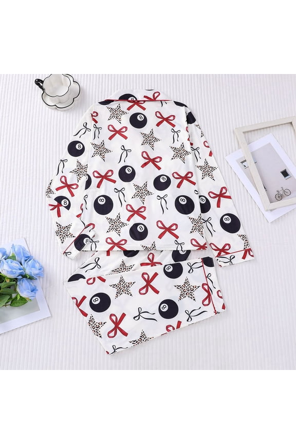 Womens 2-Piece Loungewear Set Bow and Star Print Notch Collar Long Sleeve Open-Front Top and Long Pants with Chest Pocket Sleepwear Pajama Set