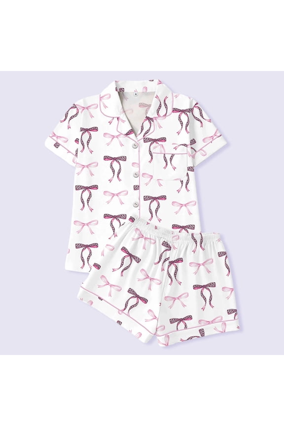 Womens 2-Piece Loungewear Set Ribbon Bow Print Notch Collar Short Sleeve Button-Front Top and Shorts with Chest Pocket Summer Pajama Sleepwear