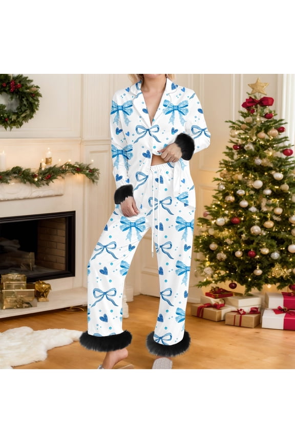 Womens 2-Piece Pajama Set Bow Ribbon Print Notch Collar Long Sleeve Button-Front Top and Long Pants with Fuzzy Sleepwear Loungewear