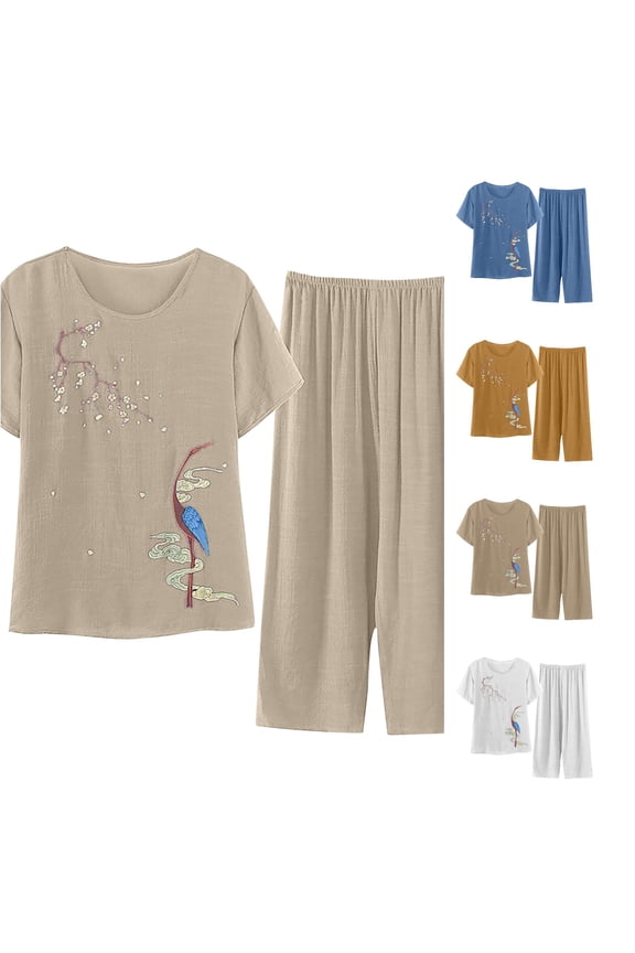 Womens 2 Piece Pajama Set Crane Graphic Crewneck Short Sleeve Top Elastic Waist Capri Pants Sleepwear Loungewear