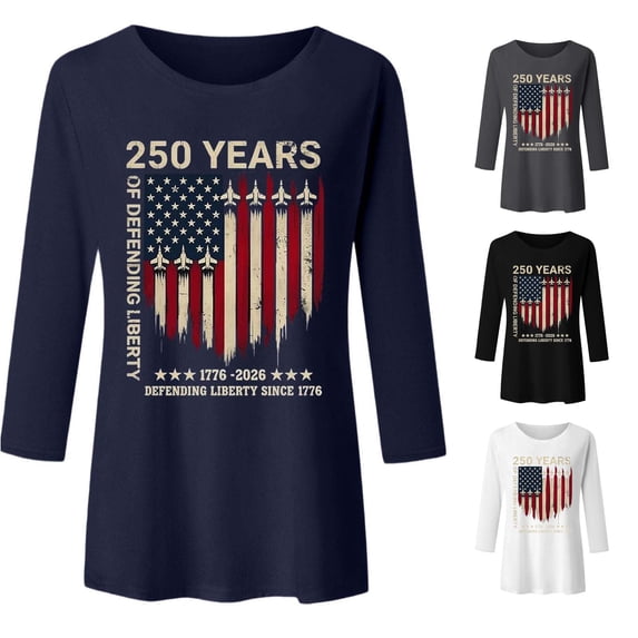 Trendfront Womens 250th Anniversary 3/4 Sleeve Tee American Flag Letter Crewneck loose fit Tops 4th of July Patriotic T Shirts Daily Wear