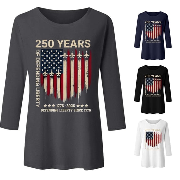 Trendfront Womens 250th Anniversary 3/4 Sleeve Tee American Flag Letter Crewneck loose fit Tops 4th of July Patriotic T Shirts Daily Wear